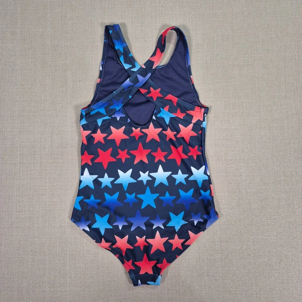 Lands End Girls Star Print One Piece Swimsuit Red Blue White Size M 8 UPF 50+